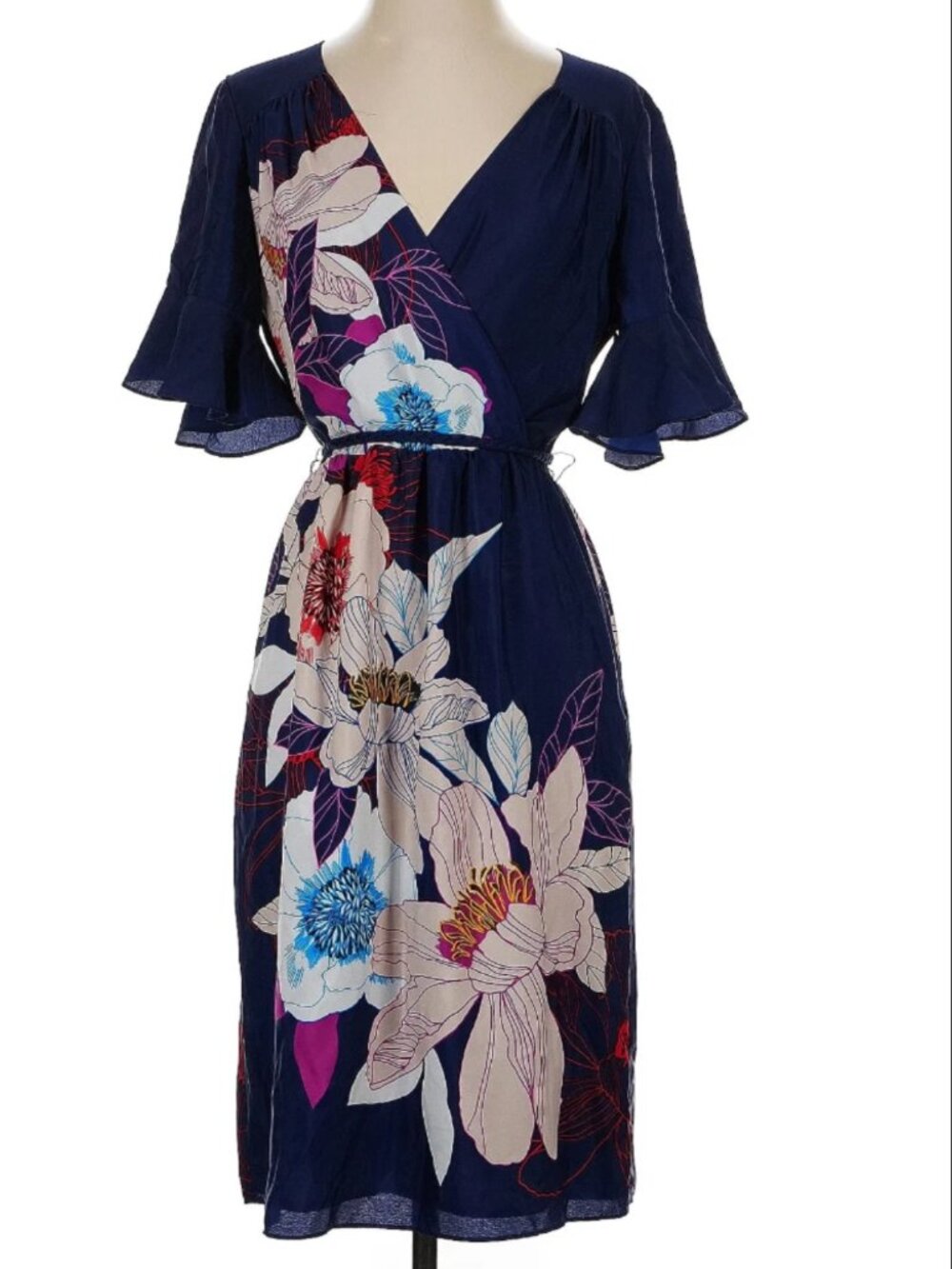 TRINA TURK Lucy Tie Waist Faux Wrap Dress Navy Floral Tropical NWT | Size S